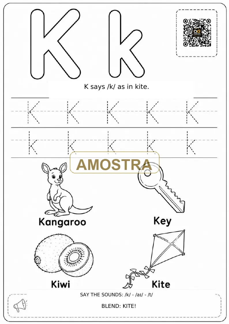 Amostra de atividade de traçado e vocabulário da letra K do livro ABCs and Phonics