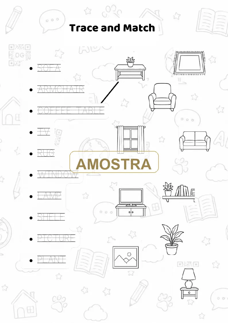 Amostra de atividade Trace and Match sobre objetos da sala do livro House, Rooms and Furniture