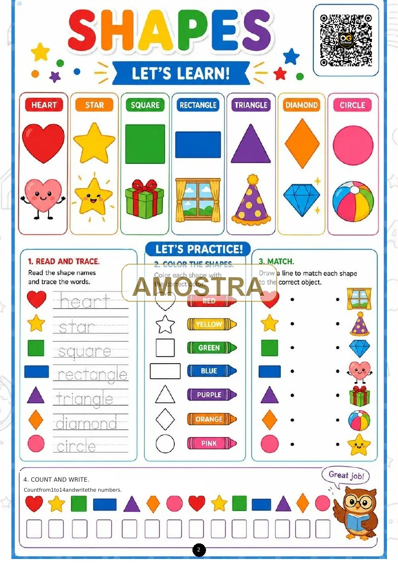 Amostra colorida de atividade sobre formas geométricas do livro Numbers, Shapes and Colors