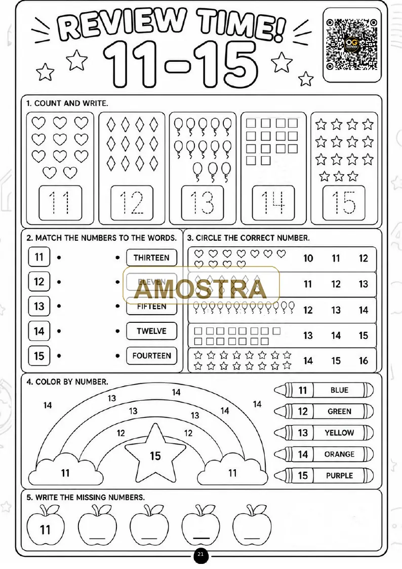 Amostra de Review Time dos números de onze a quinze do livro Numbers, Shapes and Colors